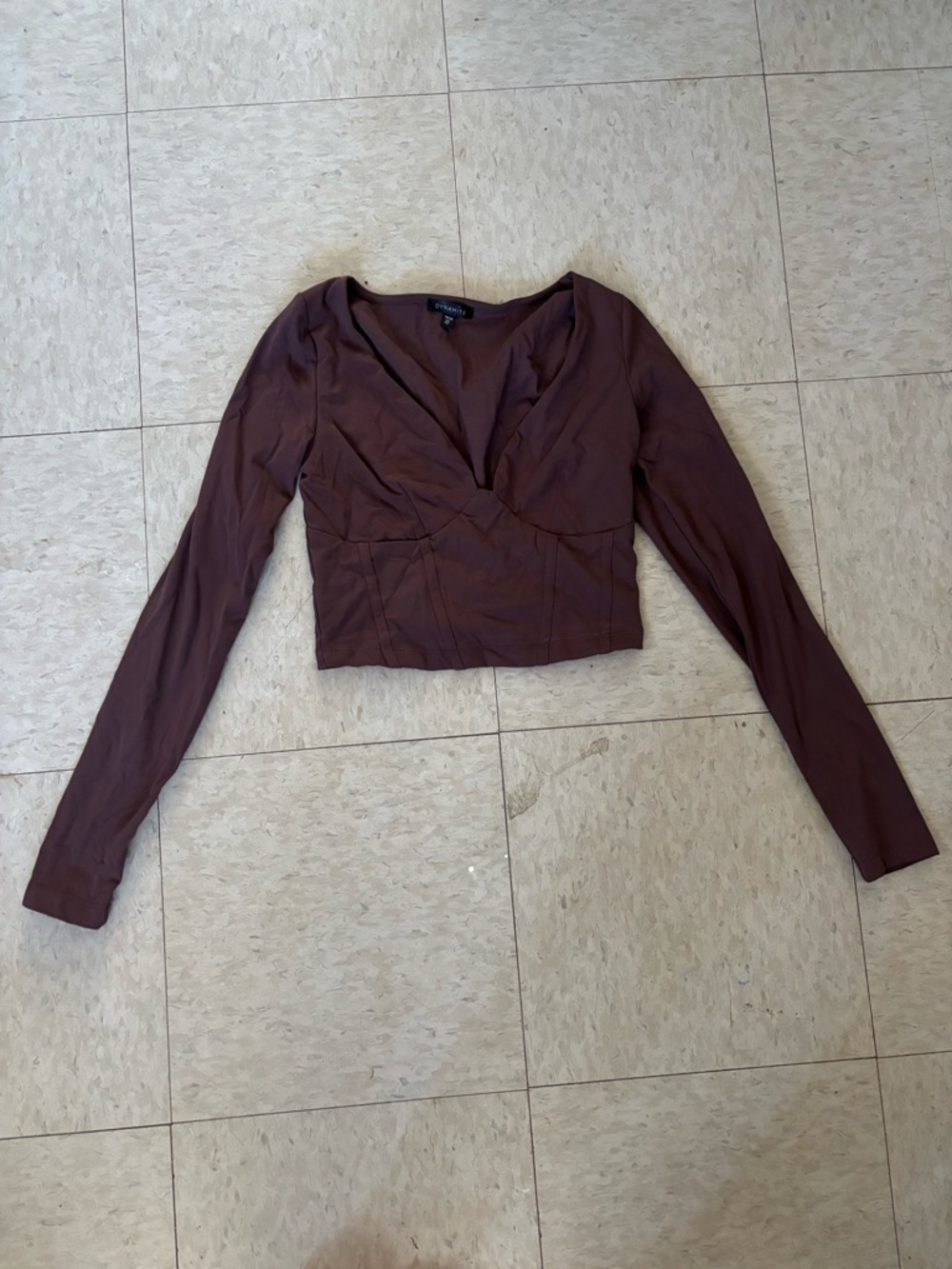 Dynamite Cropped V-Neck Long Sleeve Top - Brown